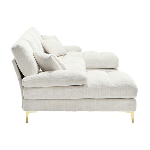 Canapé D’angle Modulable 4 Places, U-shape, Coussin Rembourré, Pieds Métal - Chenille Blanc