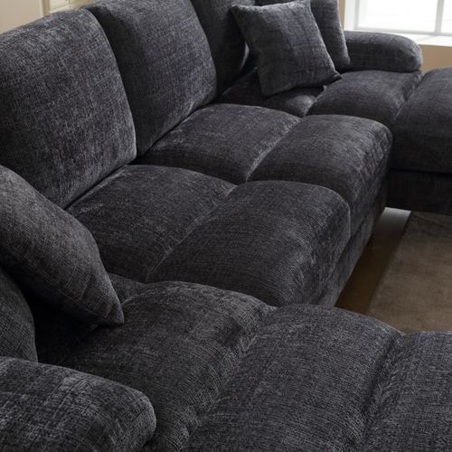 Canapé D’angle 4 Places, U-shape, Coussin Rembourré, Pieds Fer - Chenille Gris