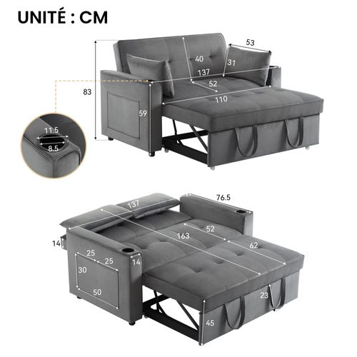 Canapé Droit Convertible 2 Places, Porte-gobelets, Dossier Réglable - Velours Gris