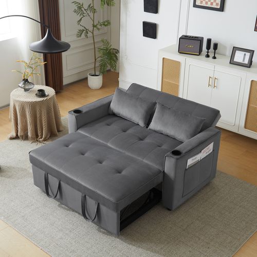 Canapé Droit Convertible 2 Places, Porte-gobelets, Dossier Réglable - Velours Gris