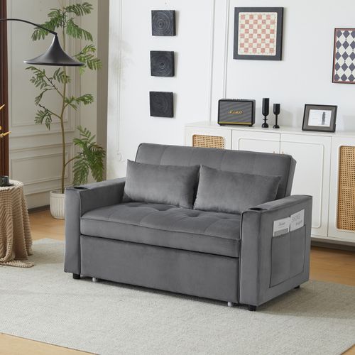 Canapé Droit Convertible 2 Places, Porte-gobelets, Dossier Réglable - Velours Gris