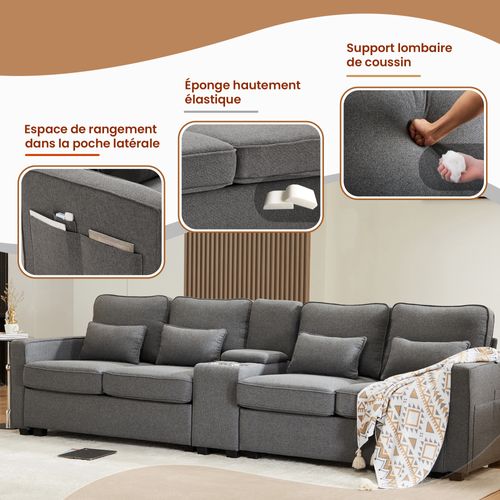 Canapé Droit 4 Places, Multifonction, Méridienne, Port USB, Rangements Intégrés, Lin - Gris Foncé