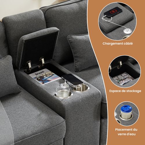 Canapé Droit 4 Places, Multifonction, Méridienne, Port USB, Rangements Intégrés, Lin - Gris Foncé