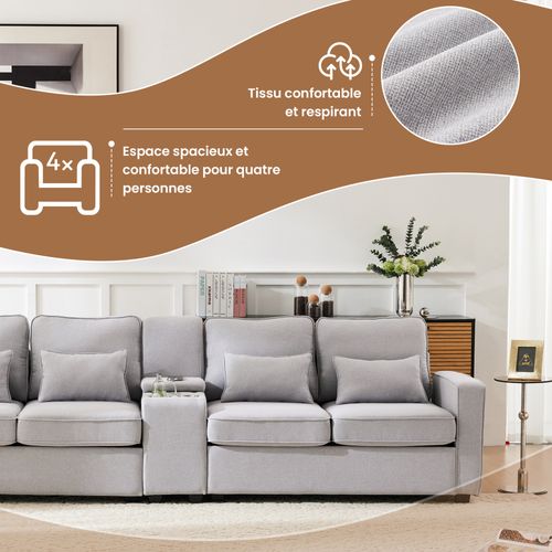 Canapé Droit 4 Places, Méridienne, Coussins Amovibles, Accoudoirs Poches, Lin - Gris Clair