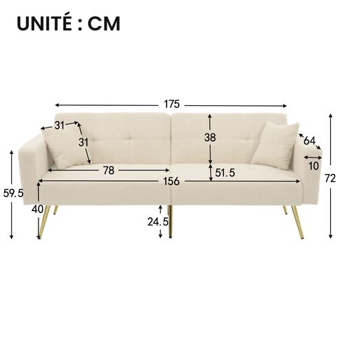 Canapé Droit Convertible 2 Places, Rangement Latéral, Inclinaison Réglable - Sherpa Beige