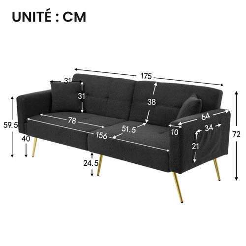 Canapé Droit Convertible 2 Places - Avec Rangement Latéral Et Inclinaison Réglable - Sherpa Gris