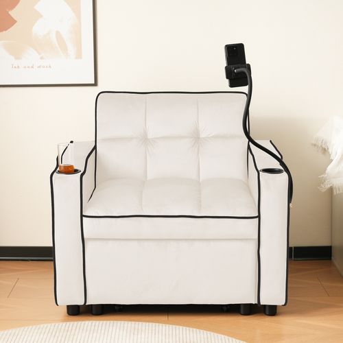 Fauteuil Convertible 1 Place, Porte-gobelets, Support Téléphone, Rangement Latéral, Velours Beige