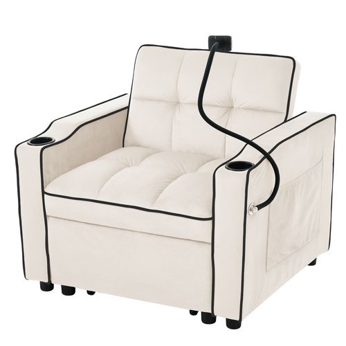 Fauteuil Convertible 1 Place, Porte-gobelets, Support Téléphone, Rangement Latéral, Velours Beige