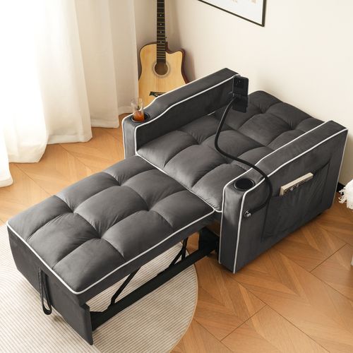 Fauteuil Convertible 1 Place, Porte-gobelets, Support Téléphone, Rangement, Velours Gris Foncé