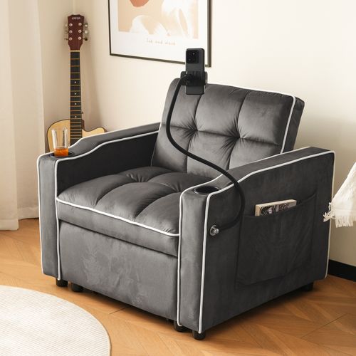 Fauteuil Convertible 1 Place, Porte-gobelets, Support Téléphone, Rangement, Velours Gris Foncé