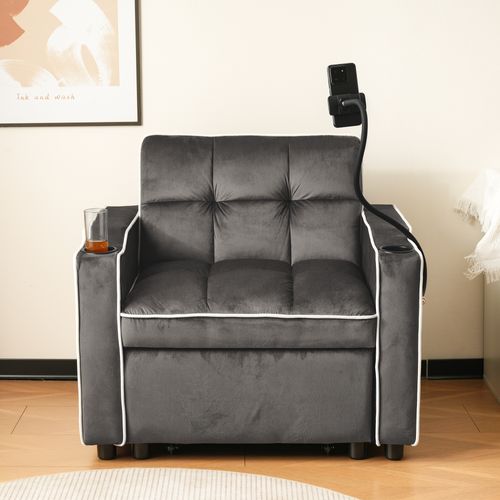 Fauteuil Convertible 1 Place, Porte-gobelets, Support Téléphone, Rangement, Velours Gris Foncé