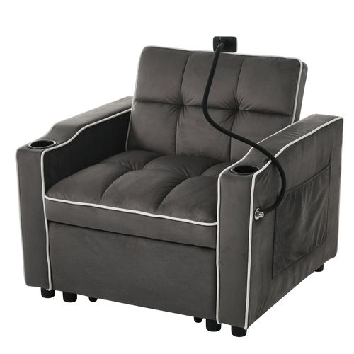 Fauteuil Convertible 1 Place, Porte-gobelets, Support Téléphone, Rangement, Velours Gris Foncé