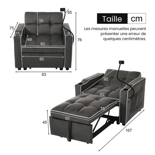 Fauteuil Convertible 1 Place, Porte-gobelets, Support Téléphone, Rangement, Velours Gris Foncé