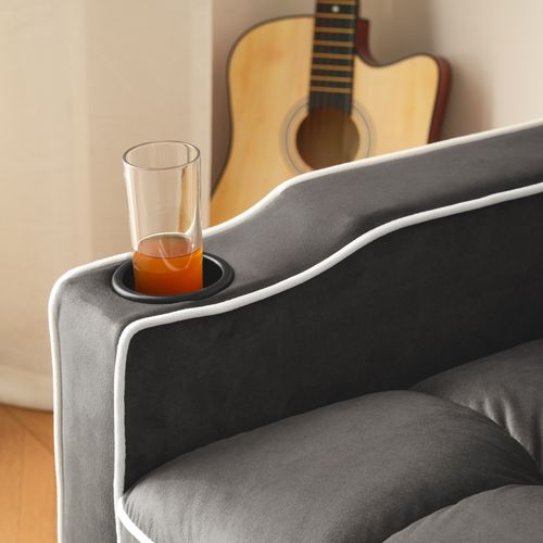 Fauteuil Convertible 1 Place, Porte-gobelets, Support Téléphone, Rangement, Velours Gris Foncé