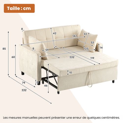 Canapé Convertible 2 Places, Dossier Réglable, Éponge Haute Densité, Revêtement Chenille - Beige