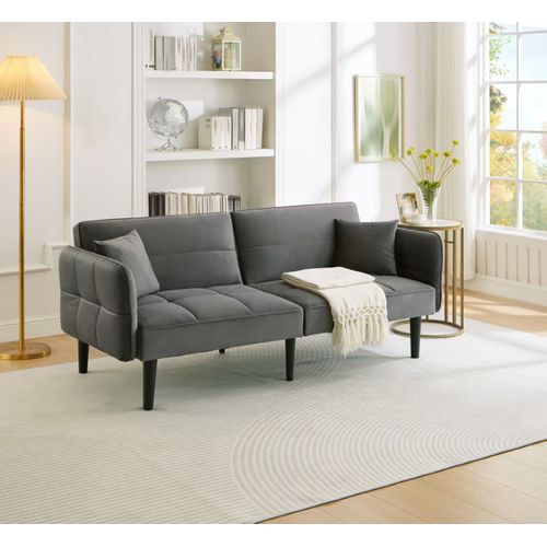 Canapé Droit Convertible 2 Places, Accoudoirs Rabattables, Velours Confortable, Pieds Bois - Gris