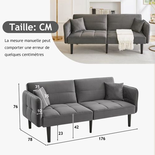 Canapé Droit Convertible 2 Places, Accoudoirs Rabattables, Velours Confortable, Pieds Bois - Gris