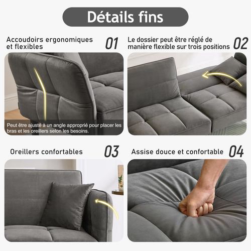 Canapé Droit Convertible 2 Places, Accoudoirs Rabattables, Velours Confortable, Pieds Bois - Gris