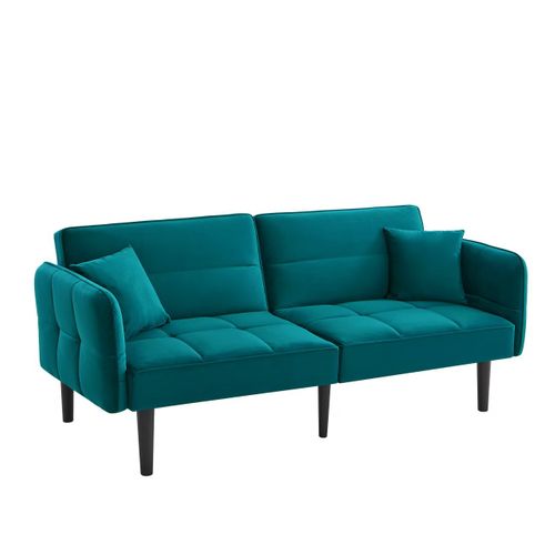 Canapé Droit Convertible 2 Places, Accoudoirs Rabattables, Velours Confortable, Pieds Bois - Vert