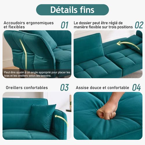 Canapé Droit Convertible 2 Places, Accoudoirs Rabattables, Velours Confortable, Pieds Bois - Vert