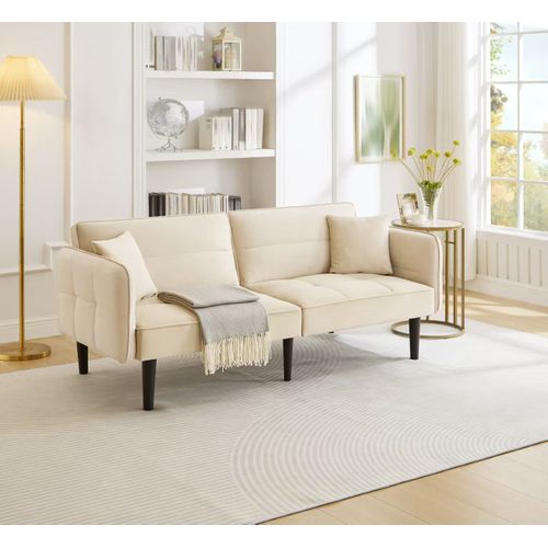 Canapé Convertible 2 Places, Dossier Et Accoudoirs Inclinables, Velours, Pieds Bois - Beige
