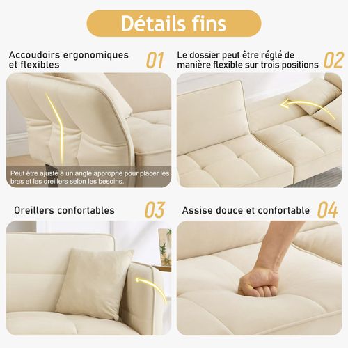 Canapé Convertible 2 Places, Dossier Et Accoudoirs Inclinables, Velours, Pieds Bois - Beige