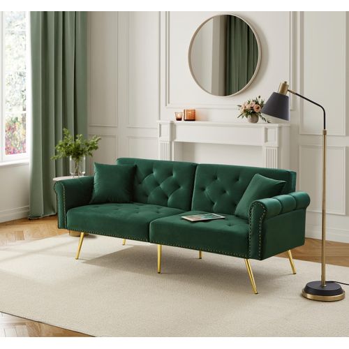 Canapé Droit Convertible 2 Places, Dossier Réglable, Velours Confortable, Pieds Métal - Vert