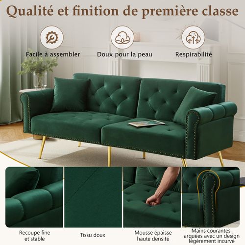 Canapé Droit Convertible 2 Places, Dossier Réglable, Velours Confortable, Pieds Métal - Vert