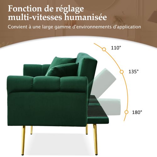 Canapé Droit Convertible 2 Places, Dossier Réglable, Velours Confortable, Pieds Métal - Vert