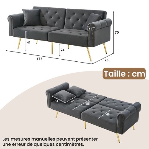 Canapé Droit Convertible 2 Places, Dossier Réglable, Velours Confortable, Pieds Métal - Gris