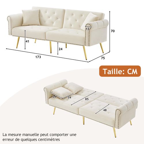 Canapé Droit Convertible 2 Places, Dossier Réglable, Velours Confortable, Pieds Métal - Beige