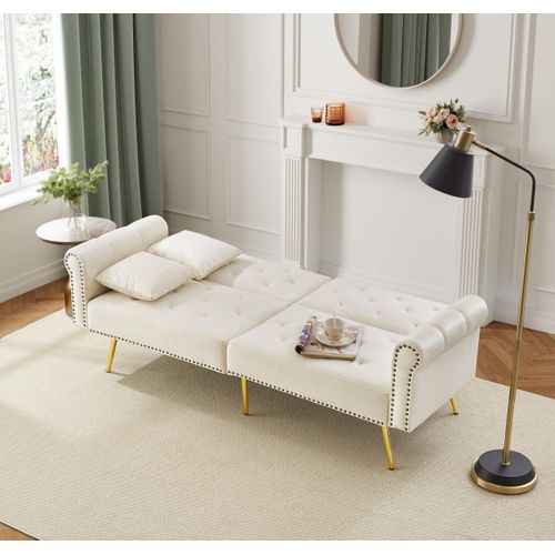 Canapé Droit Convertible 2 Places, Dossier Réglable, Velours Confortable, Pieds Métal - Beige