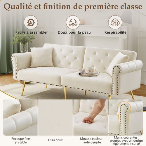 Canapé Droit Convertible 2 Places, Dossier Réglable, Velours Confortable, Pieds Métal - Beige