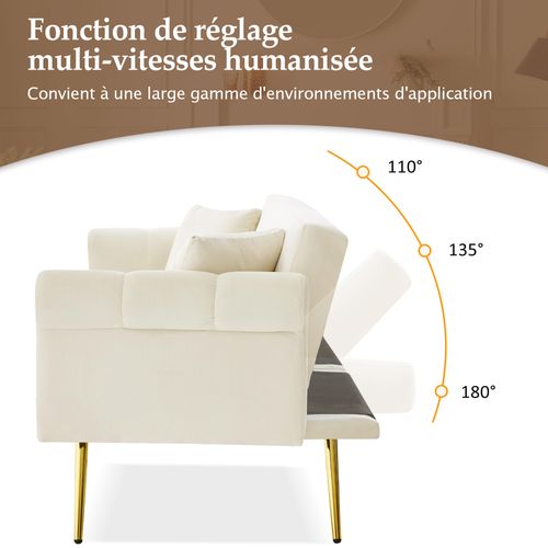Canapé Droit Convertible 2 Places, Dossier Réglable, Velours Confortable, Pieds Métal - Beige