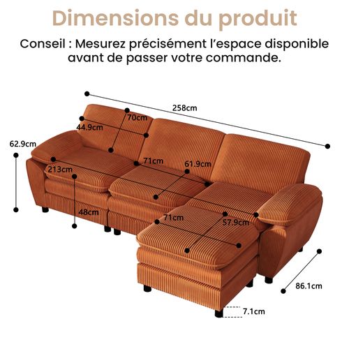 Canapé D'angle Modulable 3 Places, Style Moderne, Coussins Amovibles, Velours Côtelé - Orange