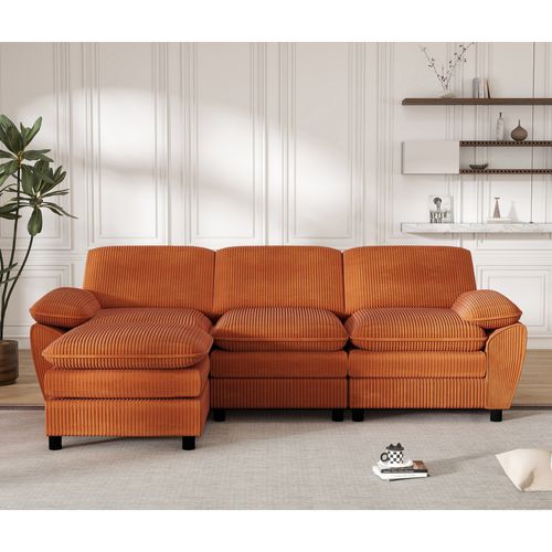 Canapé D'angle Modulable 3 Places, Style Moderne, Coussins Amovibles, Velours Côtelé - Orange