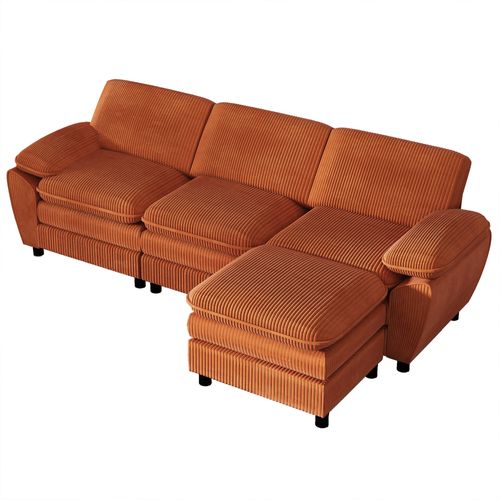 Canapé D'angle Modulable 3 Places, Style Moderne, Coussins Amovibles, Velours Côtelé - Orange