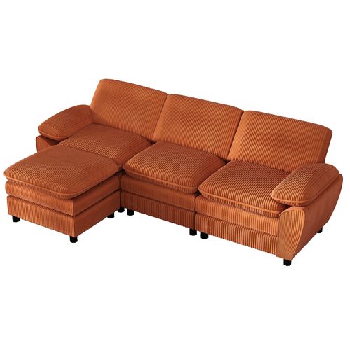 Canapé D'angle Modulable 3 Places, Style Moderne, Coussins Amovibles, Velours Côtelé - Orange