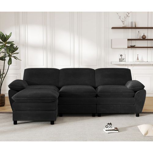 Canapé D'angle Modulable 3 Places, Style Moderne, Coussins Amovibles, Velours Côtelé - Noir