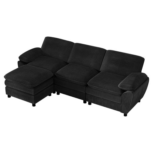 Canapé D'angle Modulable 3 Places, Style Moderne, Coussins Amovibles, Velours Côtelé - Noir