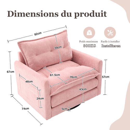 Fauteuil Pivotant 360° Avec Coussins - Style Moderne Confortable - Revêtement Chenille Doux - Rose