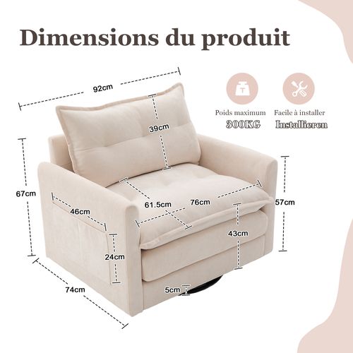 Fauteuil Pivotant 360° Avec Coussins - Style Moderne Confortable - Revêtement Chenille Doux - Beige