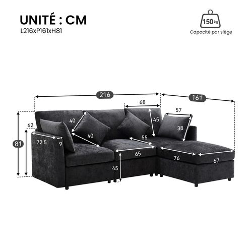 Canapé D'angle Modulable 4 Places En L, Repose-pieds, Style Moderne, Revêtement Chenille - Gris