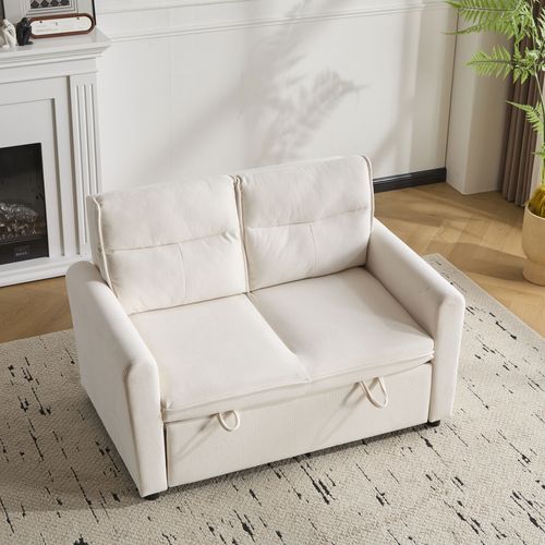 Canapé Droit Convertible 2 Places, Extensible, Dossier Réglable, Velours Chaîne - Beige Clair