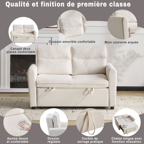 Canapé Droit Convertible 2 Places, Extensible, Dossier Réglable, Velours Chaîne - Beige Clair