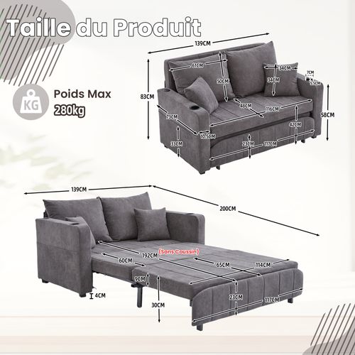 Canapé Convertible 2 Places, Porte-gobelets Et Port USB, Style Moderne, Revêtement Chenille - Gris