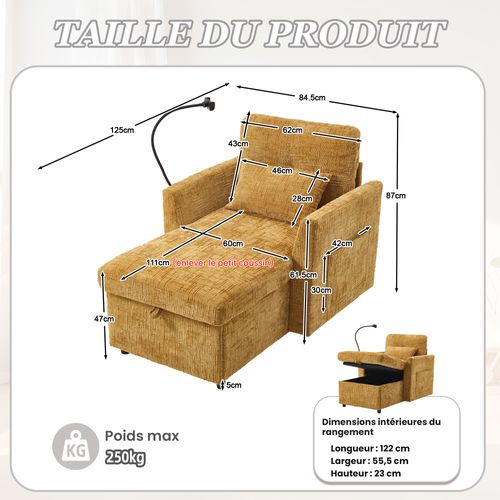 Fauteuil Fixe 1 Place Avec Rangement, Dossier Rabattable, Revêtement Chenille, Jaune Moutarde
