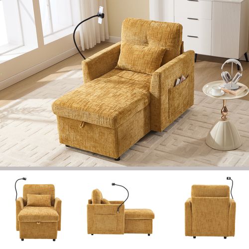 Fauteuil Fixe 1 Place Avec Rangement, Dossier Rabattable, Revêtement Chenille, Jaune Moutarde