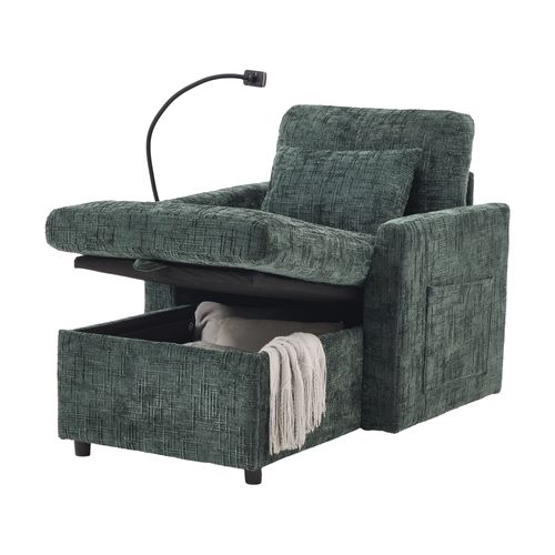 Fauteuil Fixe 1 Place Avec Rangement, Dossier Rabattable, Revêtement Chenille, Vert Émeraude