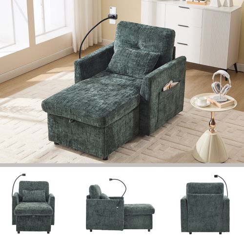 Fauteuil Fixe 1 Place Avec Rangement, Dossier Rabattable, Revêtement Chenille, Vert Émeraude
